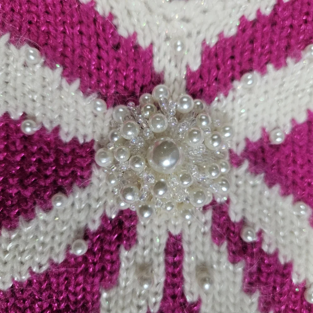 Vintage Jaclyn Smith Hot Pink White Bow Sweater Sz L Pearl Bead Granny Coquette - Picture 9 of 16